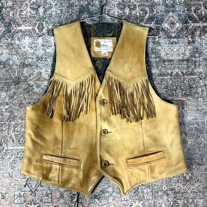 Vintage WB Place & Co. Vest Mens L Brown Leather Fringe Western Cowboy Lined USA